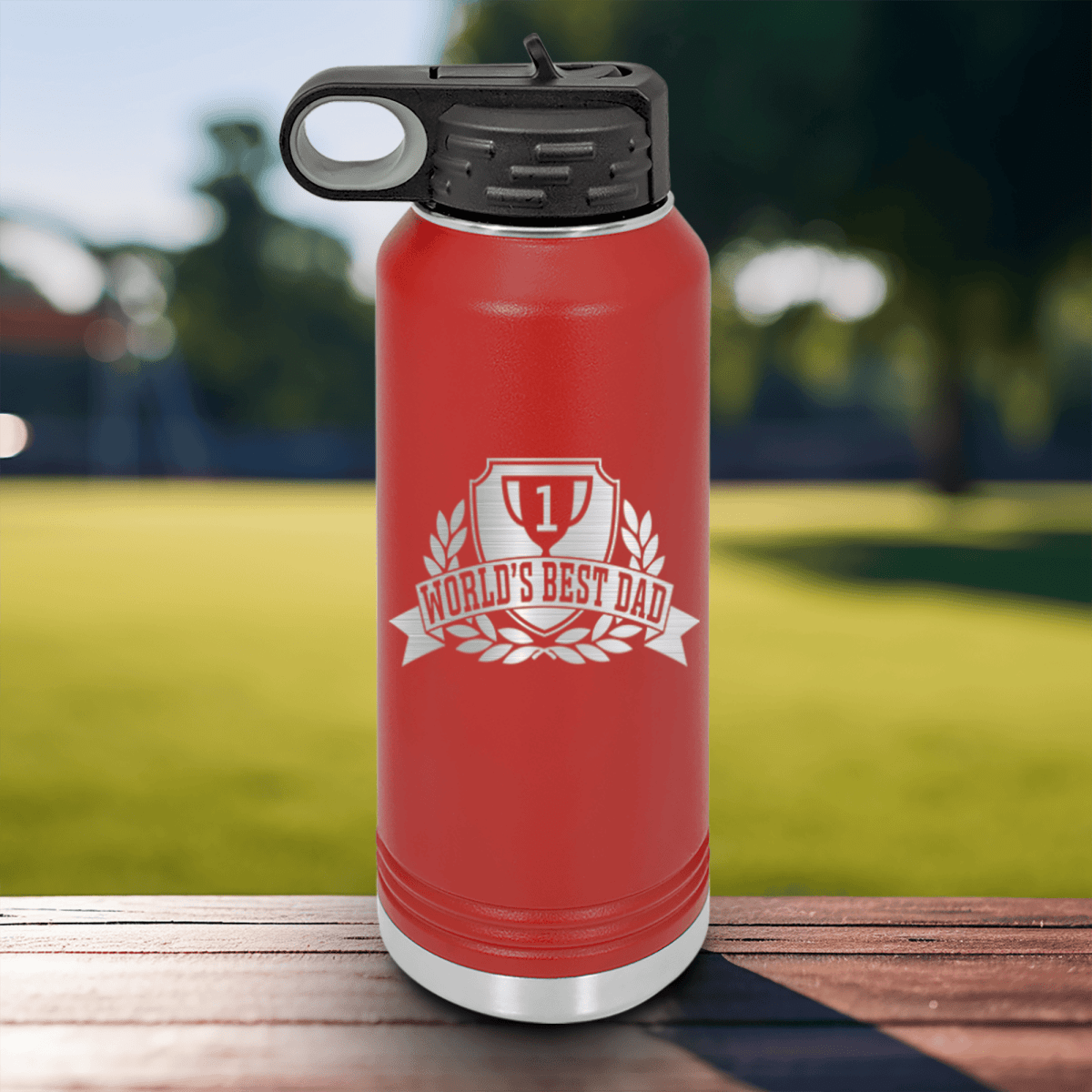 Red Fathers Day Water Bottle With Number 1 Dad Design