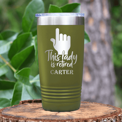 Military Green Retirement Tumbler With One Retired Lady Design
