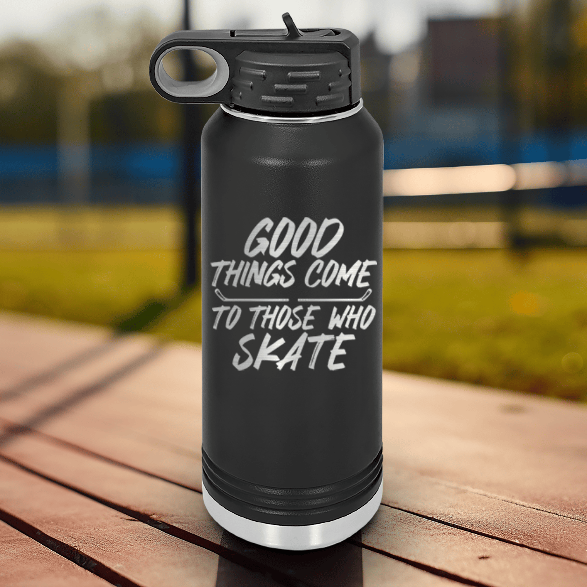 Black Hockey Water Bottle With Patience And Speed On Skates Design