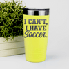 Yellow soccer tumbler Priorities Soccer First