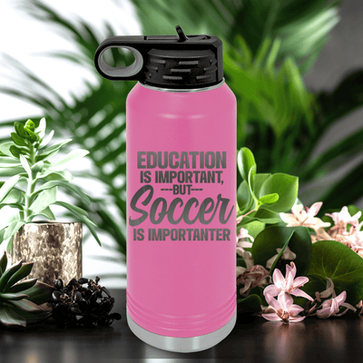 Pink Soccer Water Bottle With Prioritizing Soccer Design