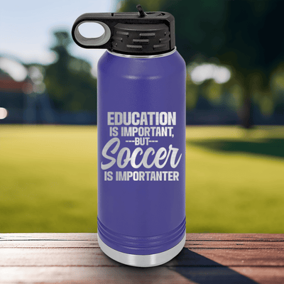 Purple Soccer Water Bottle With Prioritizing Soccer Design