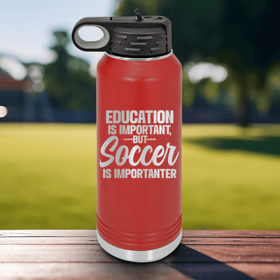 Red Soccer Water Bottle With Prioritizing Soccer Design