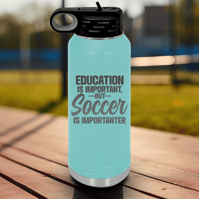 Teal Soccer Water Bottle With Prioritizing Soccer Design