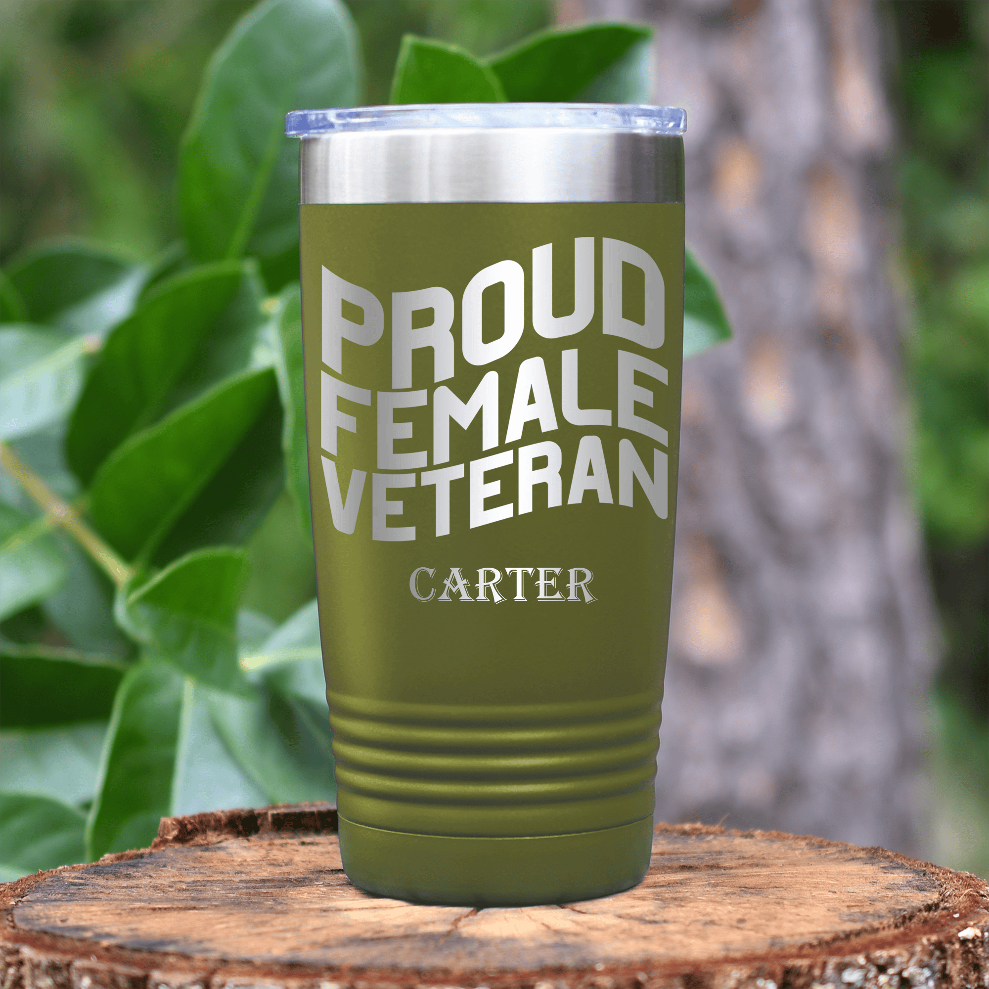 Military Green Veteran Tumbler With Proud Female Veteran Design