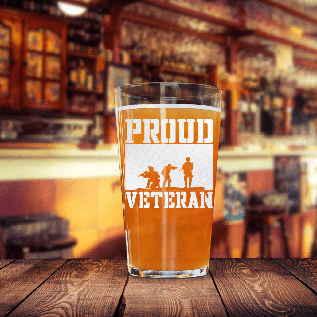Unique Personalized Proud Veteran Pint Glass Customized Military Retirement Pint Glasses Gifts for Men by Groovy Guy