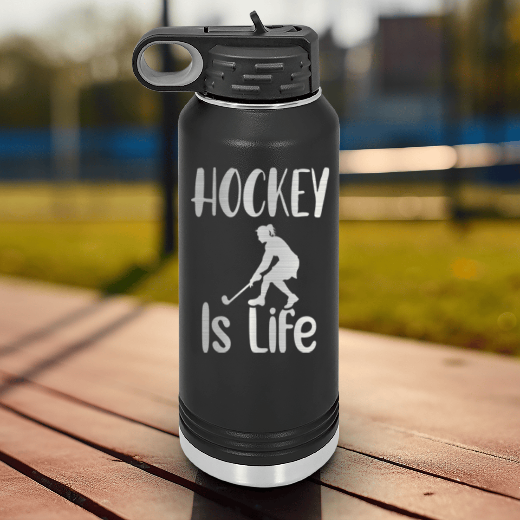 Black Hockey Water Bottle With Puck Pulse Design