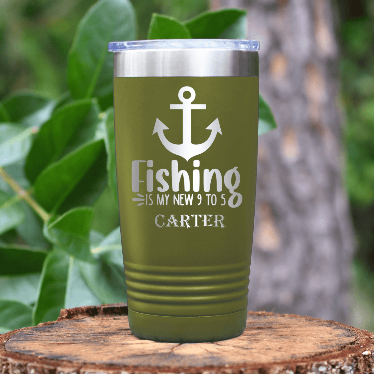 Military Green Retirement Tumbler With Retired And Gone Fishing Design
