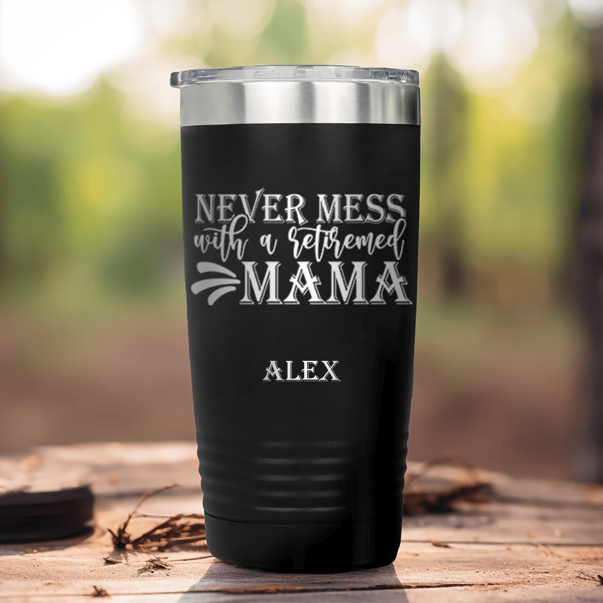 Black Retirement Tumbler With Retired Mama On Duty Design