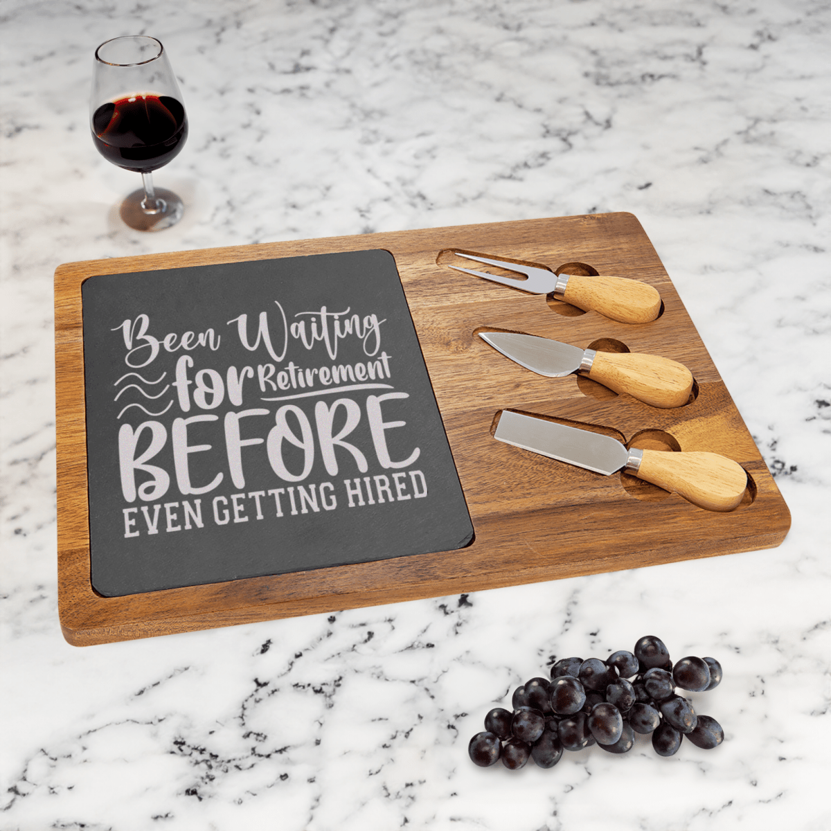 Unique Personalized Retired Since Hired Wood Slate Serving Tray Customized Retirement Serving Boards Gifts for Men by Groovy Guy