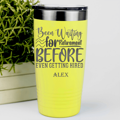 Yellow Retirement Tumbler With Retired Since Hired Design
