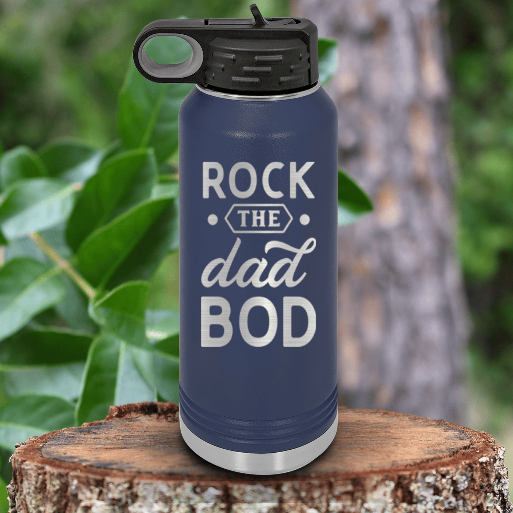 Navy Fathers Day Water Bottle With Rock The Dad Bod Design
