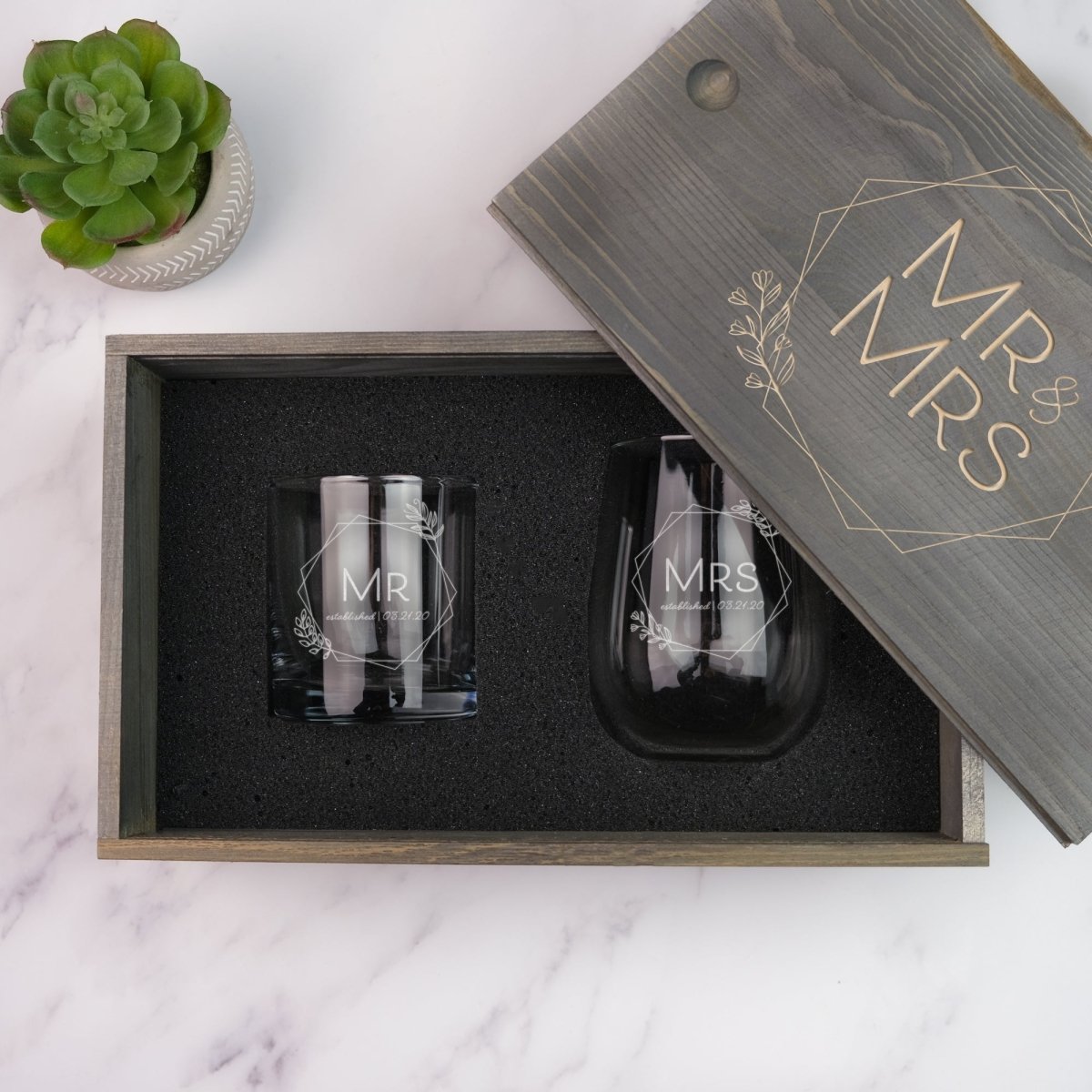Unique Personalized Mr & Mrs Wine and Whiskey Gift Set - Design: HH5 Customized Anniversary Gifts for Men by Groovy Guy