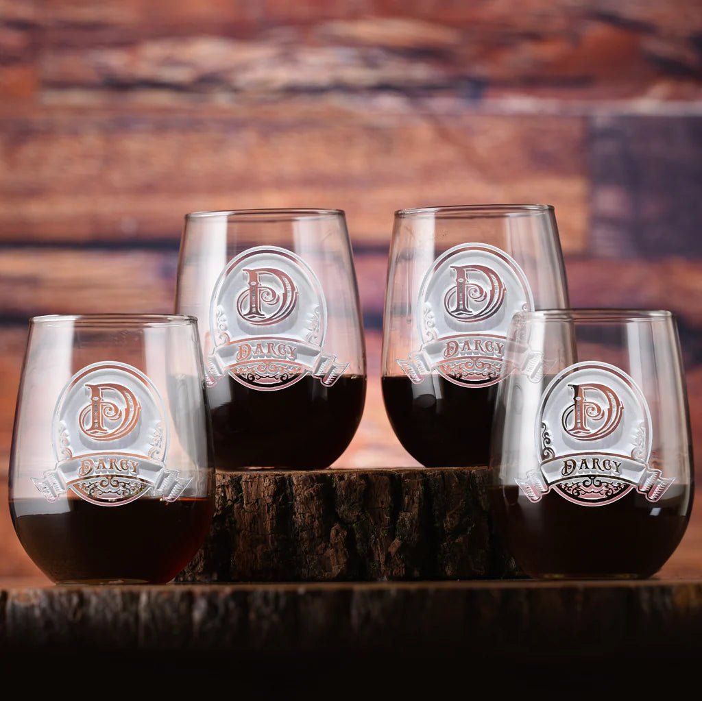 Unique Personalized Etched Stemless Wine Glasses Set of 4 Customized Drinkware Gifts for Men by Groovy Guy