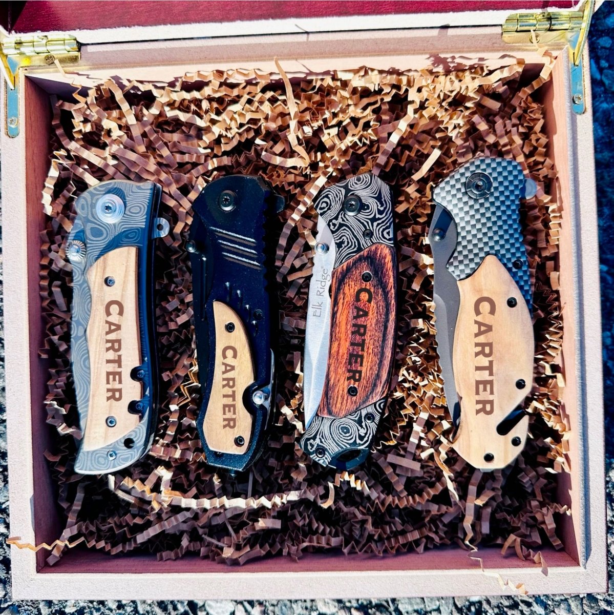 Personalized Pocket Knife Gift Set for Men Knife Lovers Personalized Gift Box Set with four custom knives in a wooden box.
