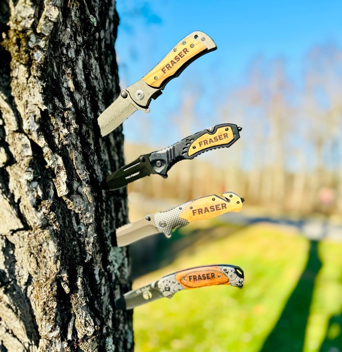 Personalized Pocket Knife Gift Set for Men Knife Lovers Personalized Gift Box Set with four custom knives in a wooden box.