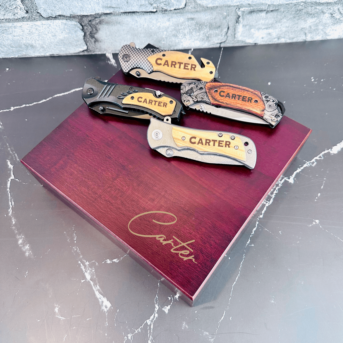 Personalized Pocket Knife Gift Set for Men Knife Lovers Personalized Gift Box Set with four custom knives in a wooden box.