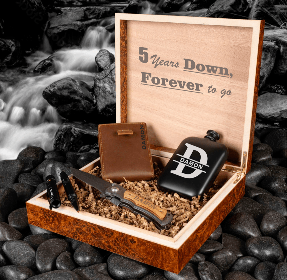 Personalized Anniversary Men's Gift Set with custom humidor, stainless steel flask, tactical pen, leather wallet, and knife
