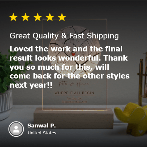 Romantic map sign personalized with custom coordinates, names, and date, available in wood or acrylic with optional LED light stand – perfect for Valentine’s Day, anniversaries, or weddings