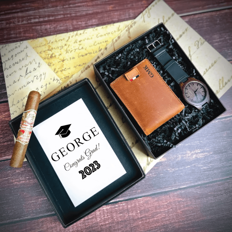 Personalized graduation gift set with engraved leather wallet and sandalwood watch