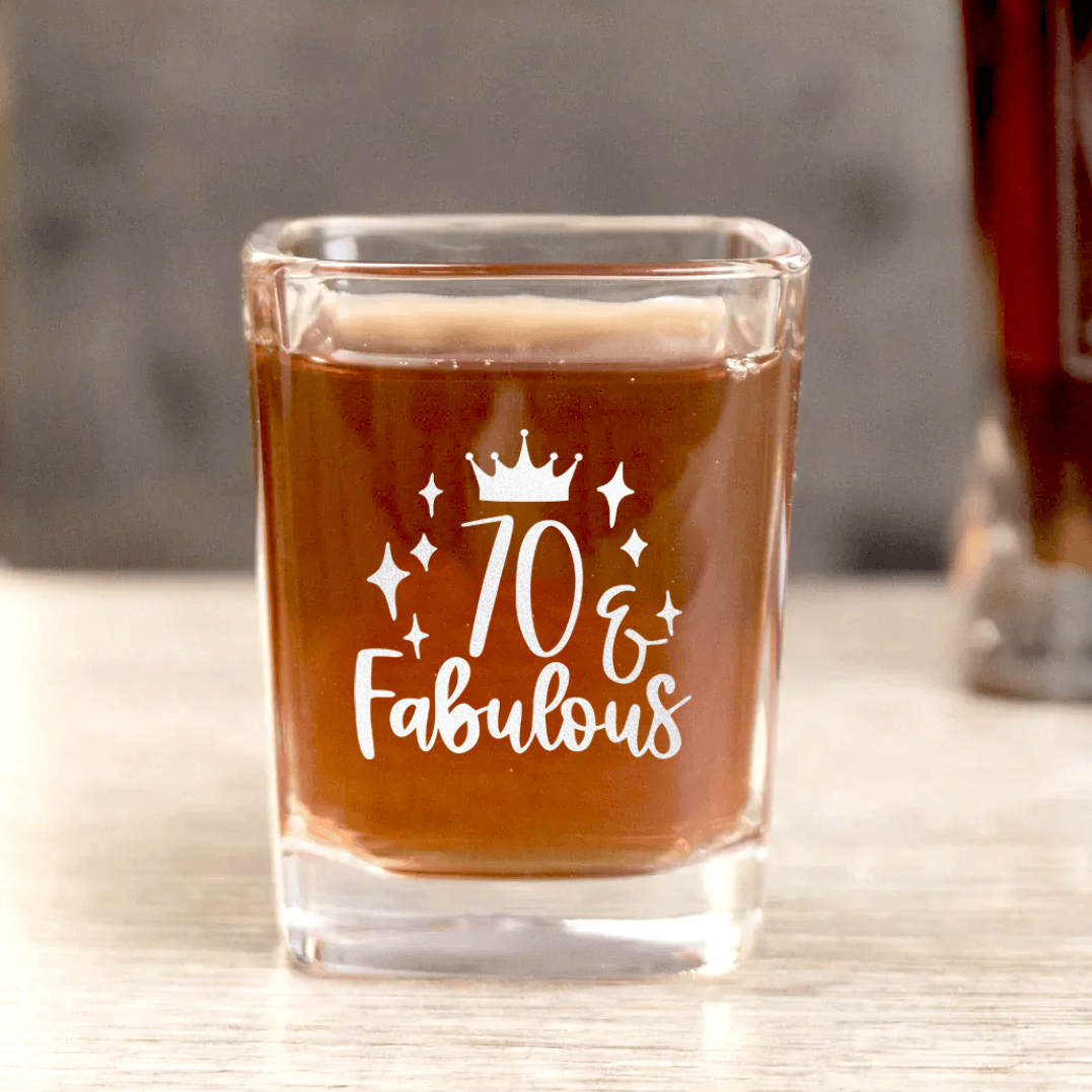 Unique Personalized Seventy And Fabulous Square Shotglass Customized Birthday Flasks Gifts for Men by Groovy Guy