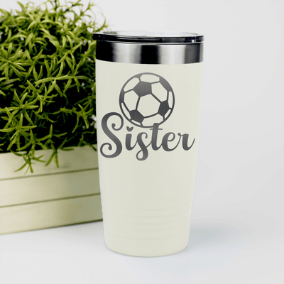 White soccer tumbler Sisters Soccer Spirit