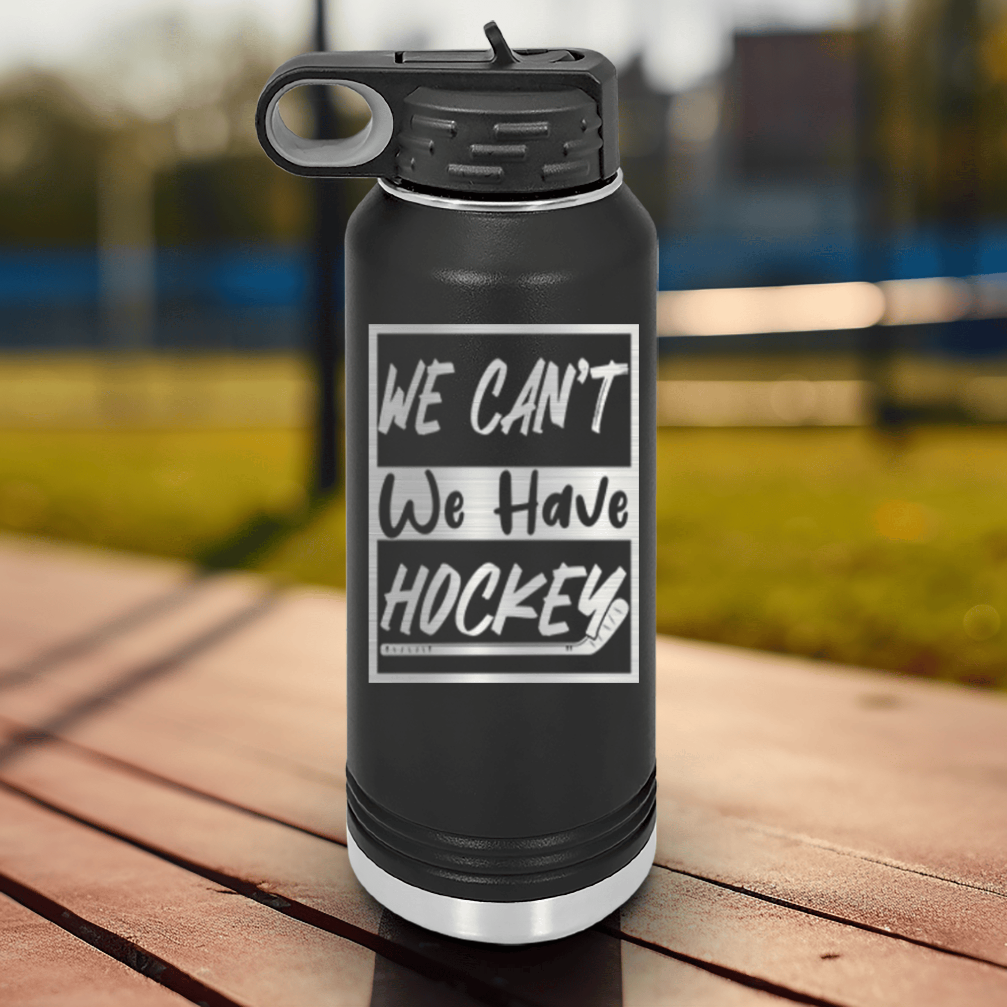 Black Hockey Water Bottle With Skate First Celebrate Later Design