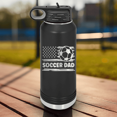Black Soccer Water Bottle With Soccer Patriotism Star Spangled Goals Design