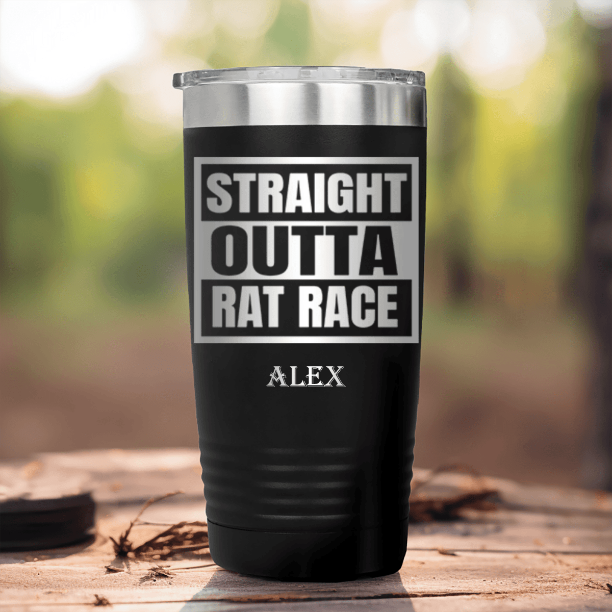 Black Retirement Tumbler With Straight Outta Rat Race Design