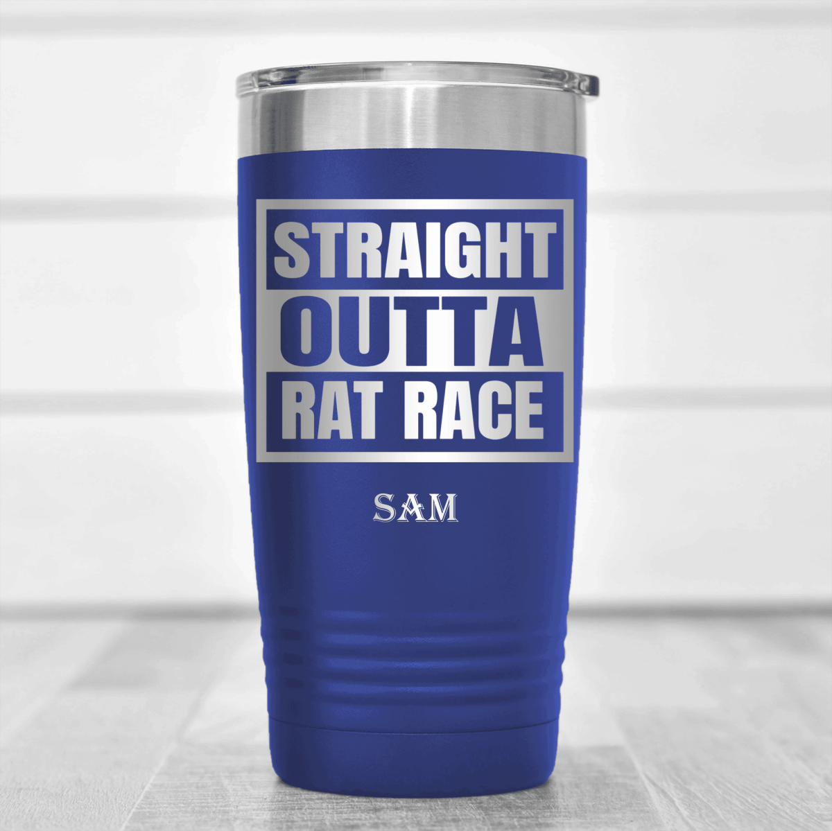 Blue Retirement Tumbler With Straight Outta Rat Race Design