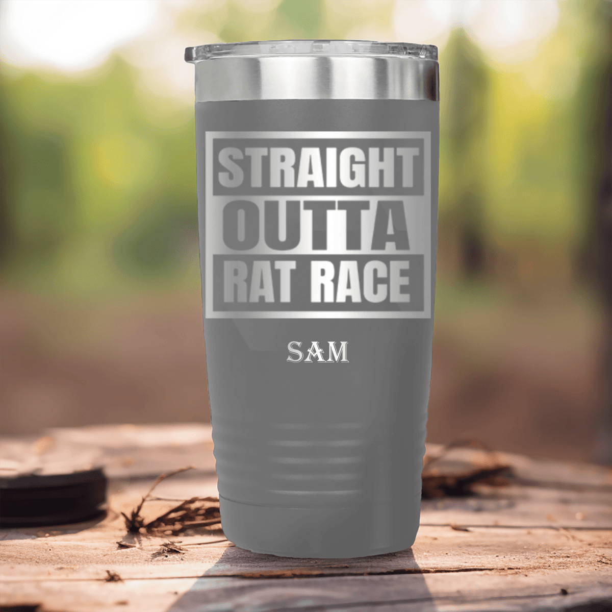 Grey Retirement Tumbler With Straight Outta Rat Race Design