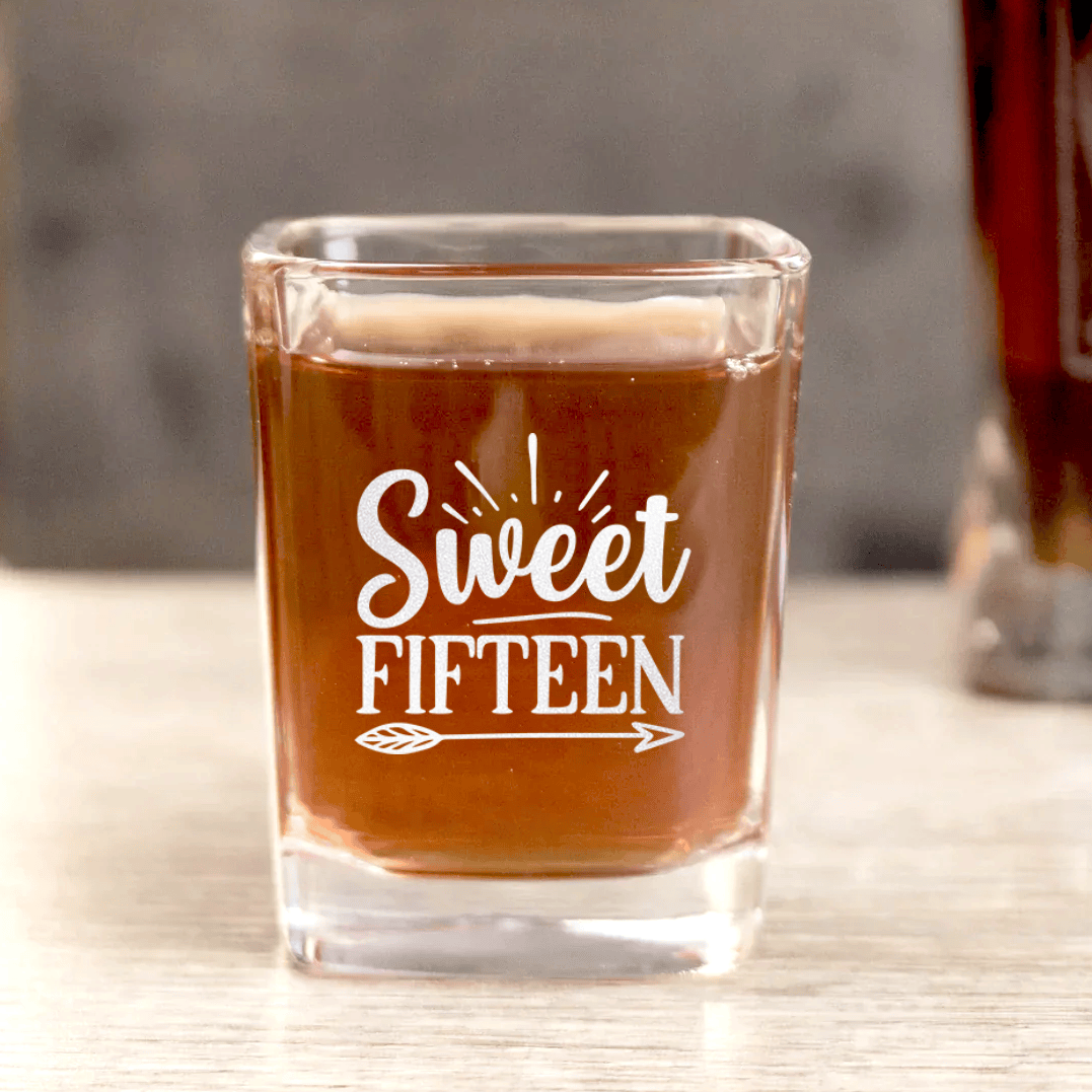 Unique Personalized Sweet Fifteen Square Shotglass Customized Birthday Flasks Gifts for Men by Groovy Guy
