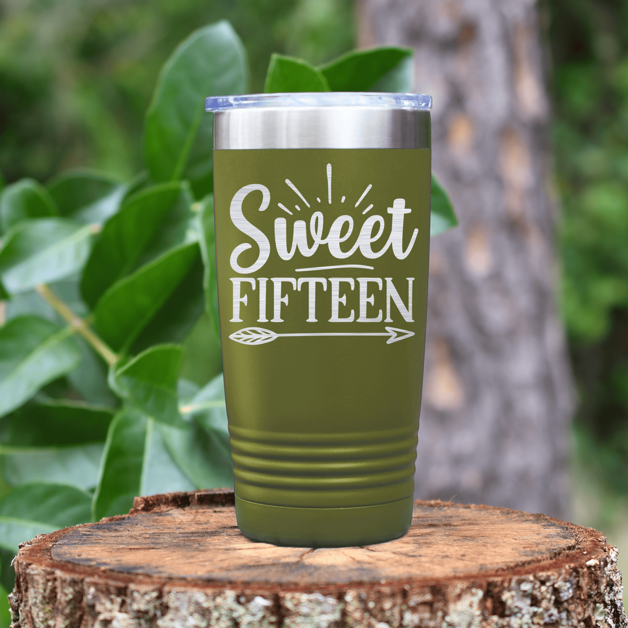 Military Green Birthday Tumbler With Sweet Fifteen Design