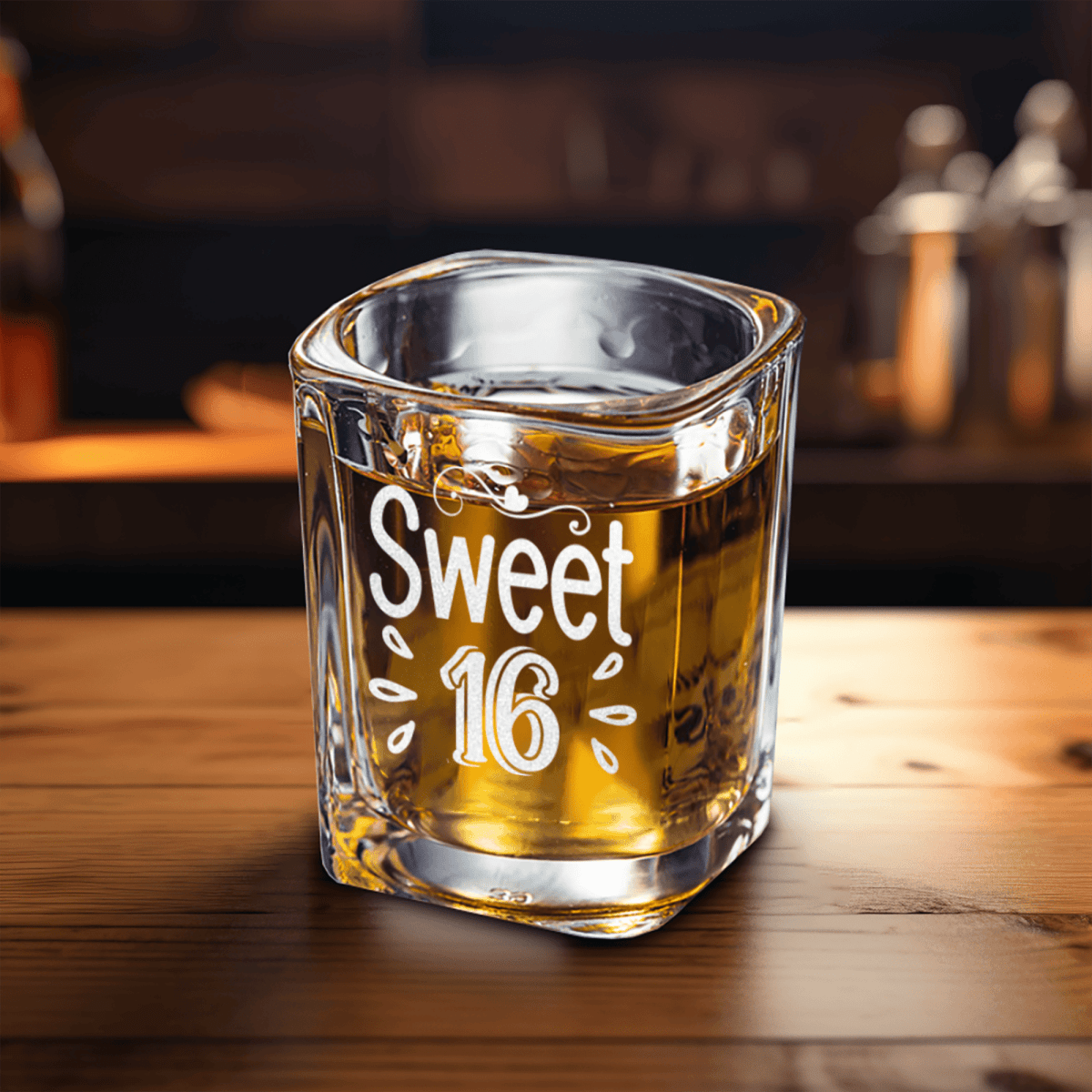 Unique Personalized Sweet Sixteen Square Shotglass Customized Birthday Flasks Gifts for Men by Groovy Guy