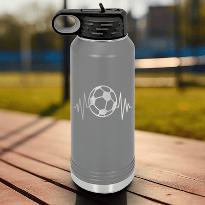 Grey Soccer Water Bottle With The Heartbeat Of Soccer Design