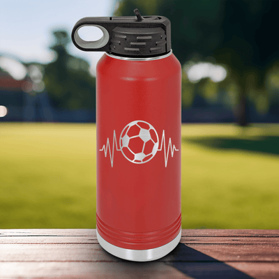 Red Soccer Water Bottle With The Heartbeat Of Soccer Design