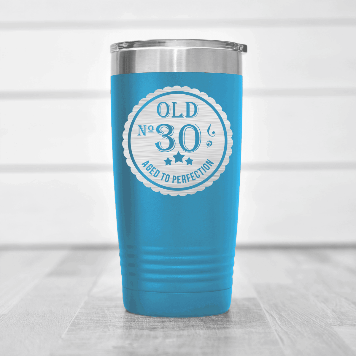 Light Blue Birthday Tumbler With Thirty Aged To Perfection Design