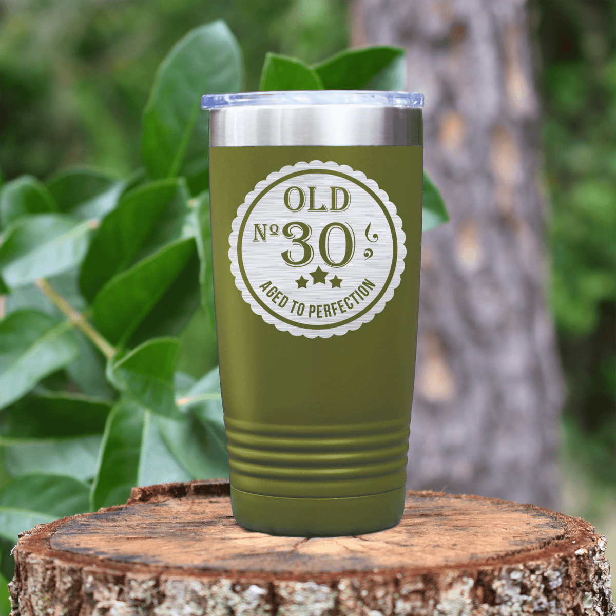 Military Green Birthday Tumbler With Thirty Aged To Perfection Design
