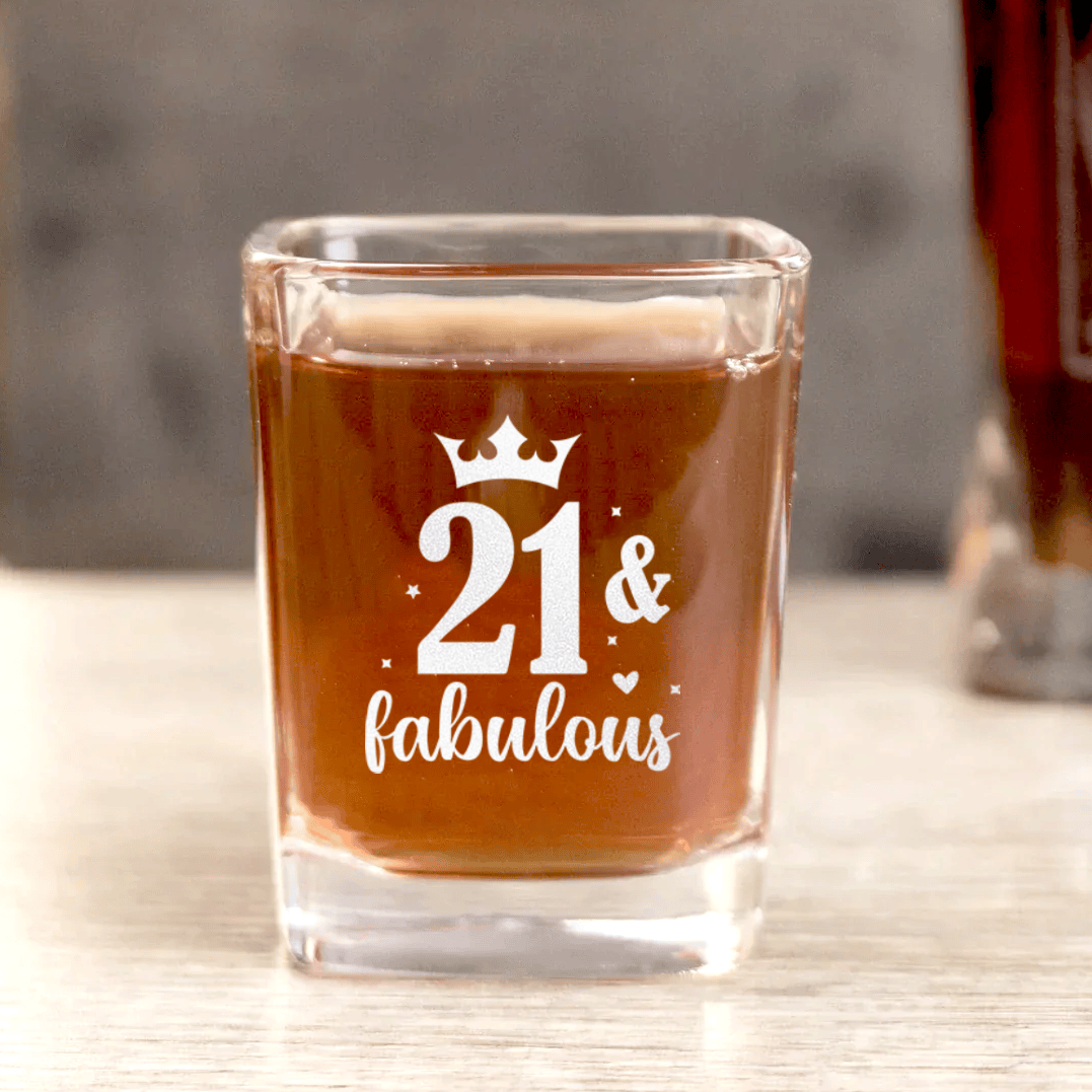 Unique Personalized Twenty One And Fabulous Crown Square Shotglass Customized Birthday Flasks Gifts for Men by Groovy Guy