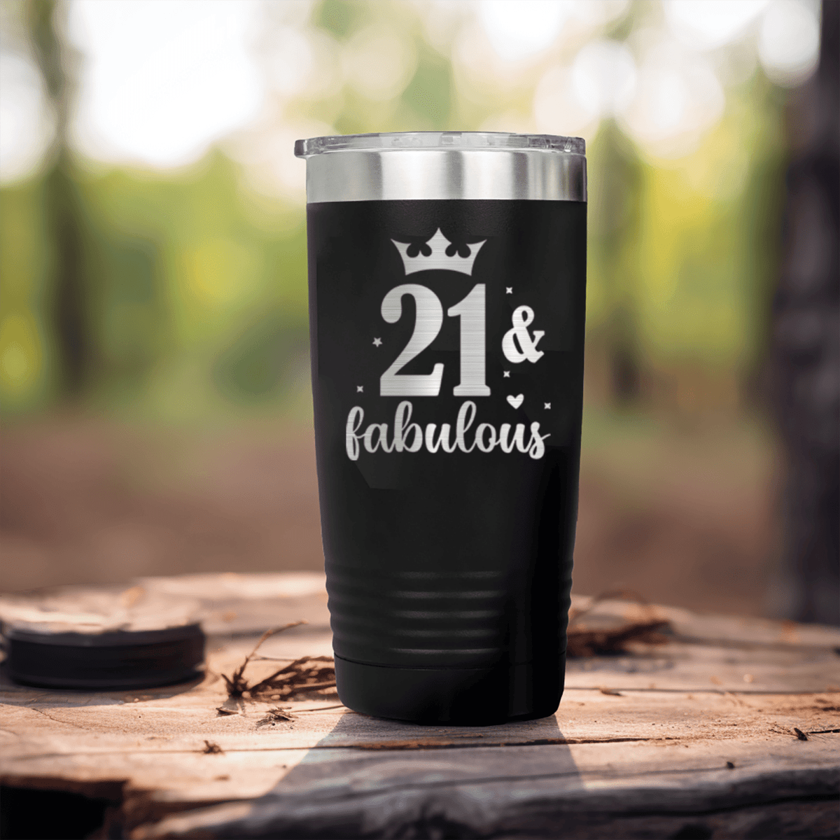 Black Birthday Tumbler With Twenty One And Fabulous Crown Design