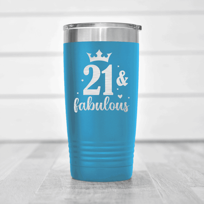 Light Blue Birthday Tumbler With Twenty One And Fabulous Crown Design