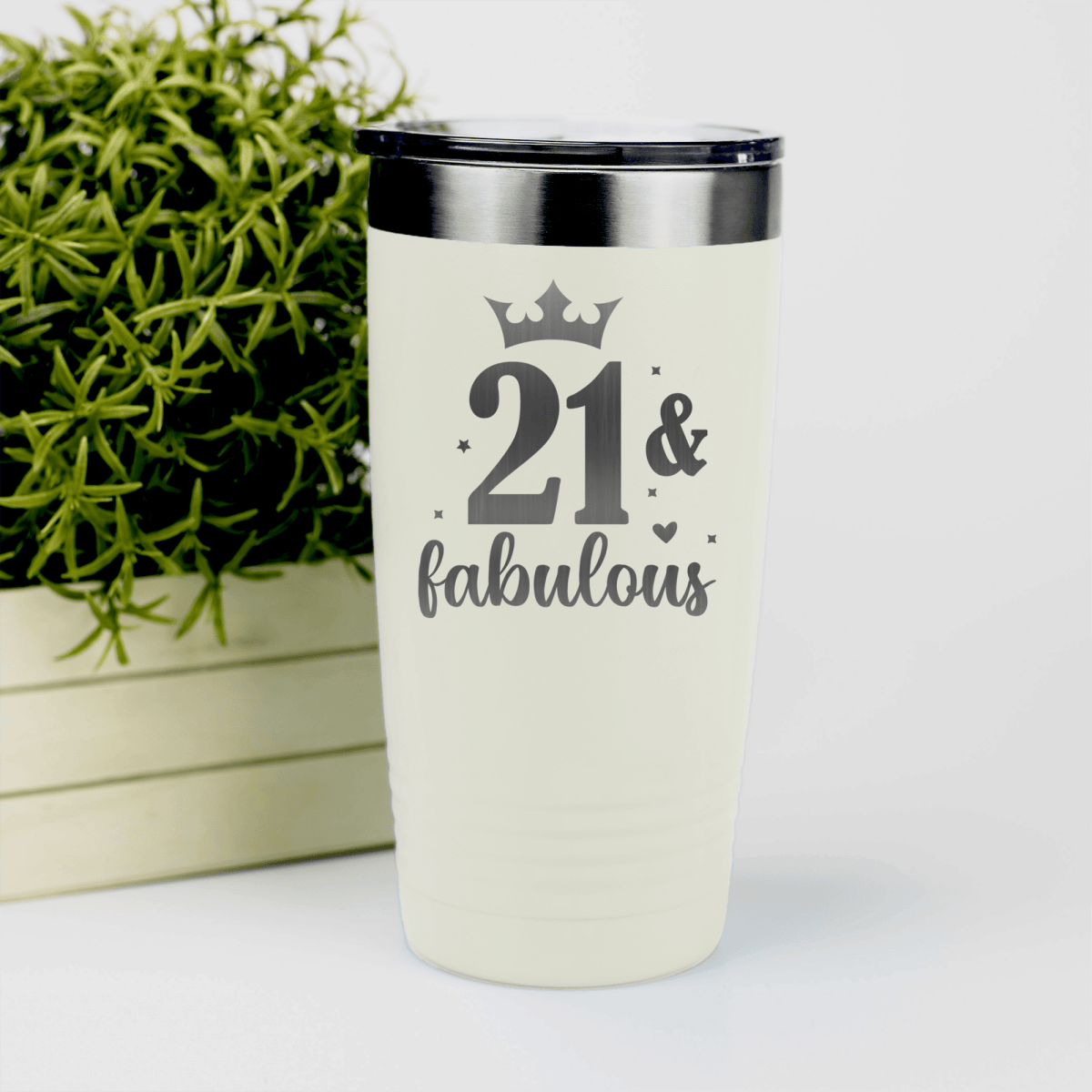 White Birthday Tumbler With Twenty One And Fabulous Crown Design