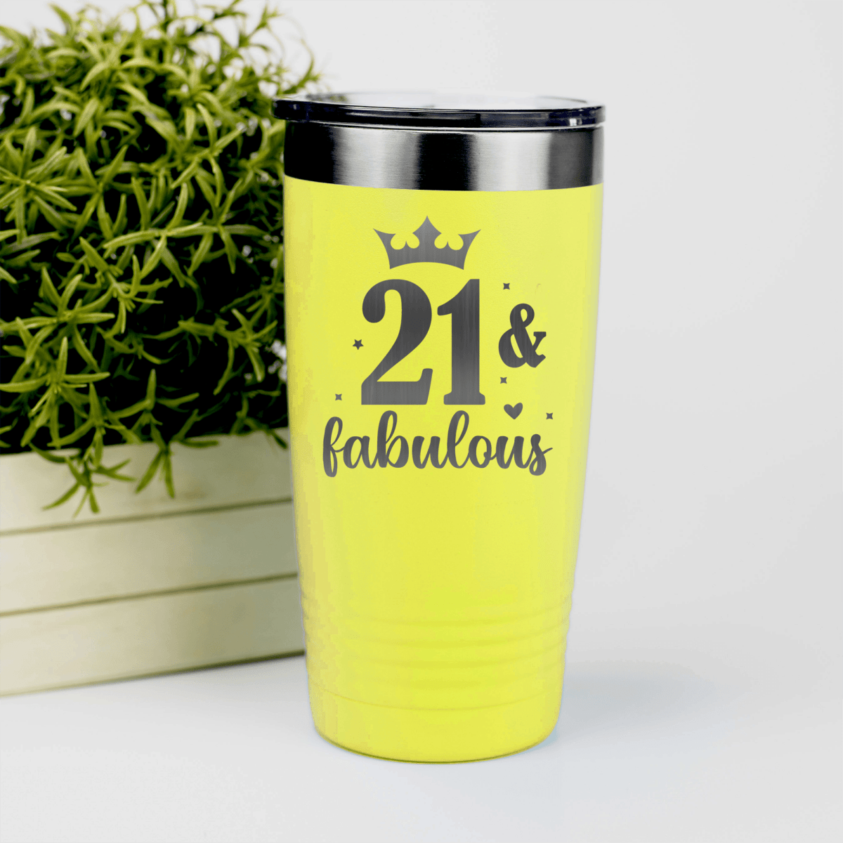 Yellow Birthday Tumbler With Twenty One And Fabulous Crown Design