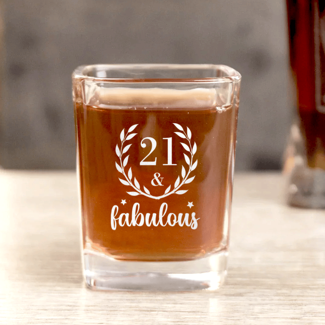 Unique Personalized Twenty One And Fabulous Square Shotglass Customized Birthday Flasks Gifts for Men by Groovy Guy