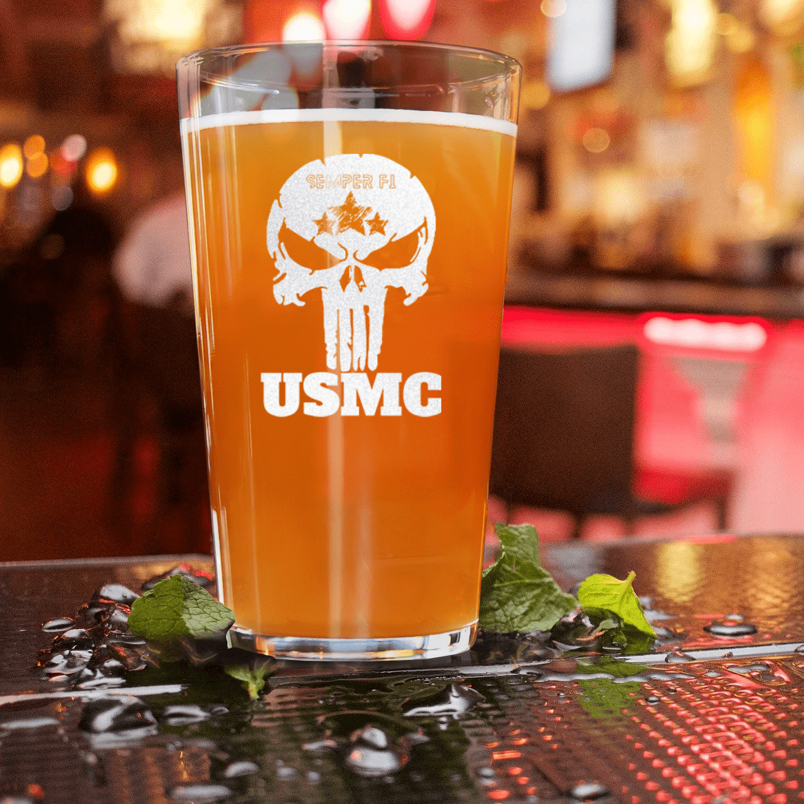 Unique Personalized USMC Skull Pint Glass Customized Military Retirement Pint Glasses Gifts for Men by Groovy Guy