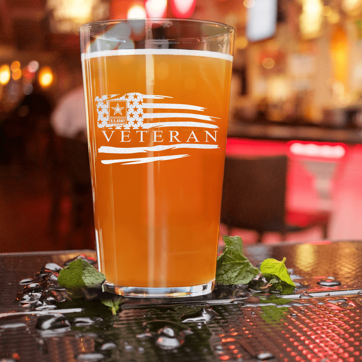 Unique Personalized US Army Veteran Flag Pint Glass Customized Military Retirement Pint Glasses Gifts for Men by Groovy Guy