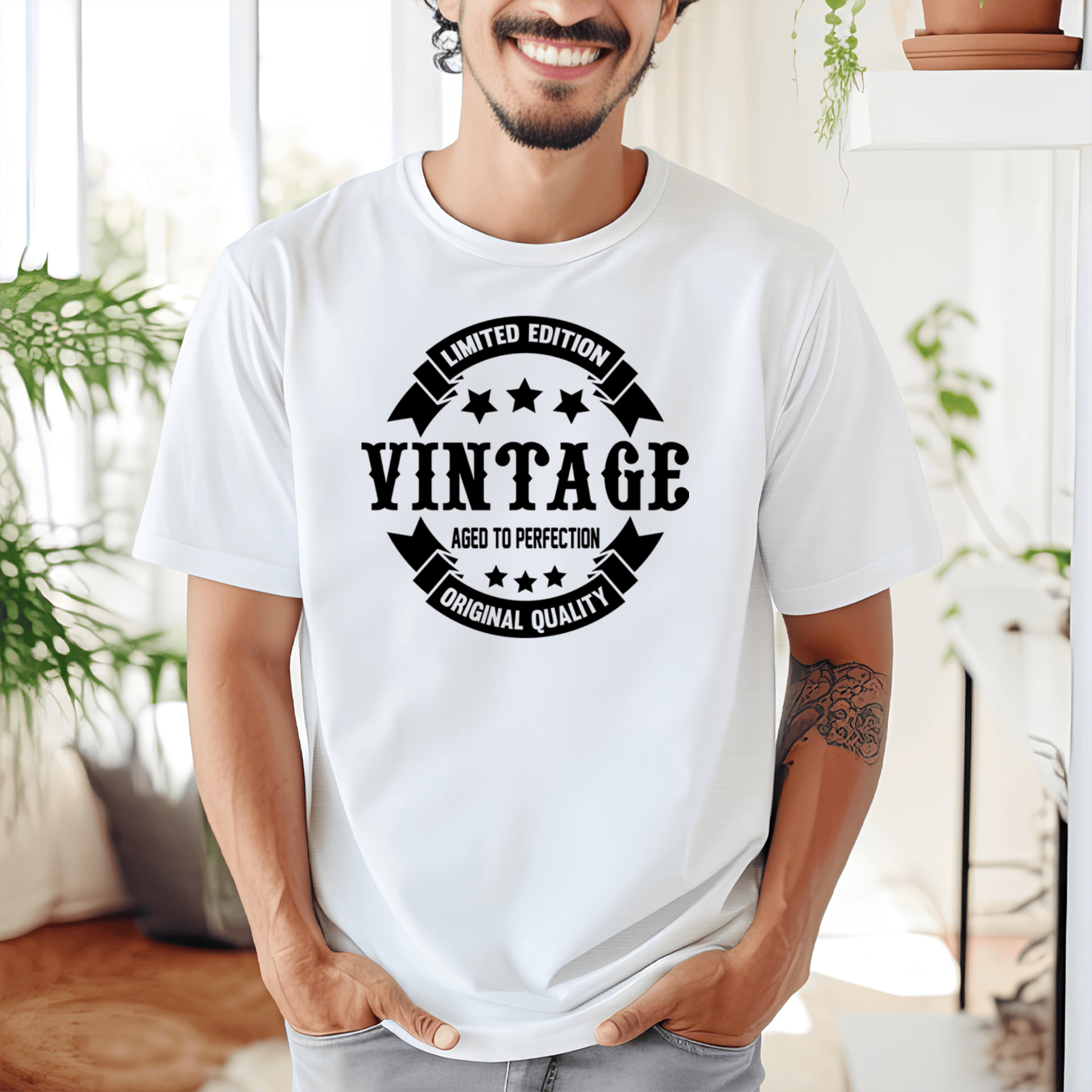 Mens White T Shirt with Vintage-Quality design