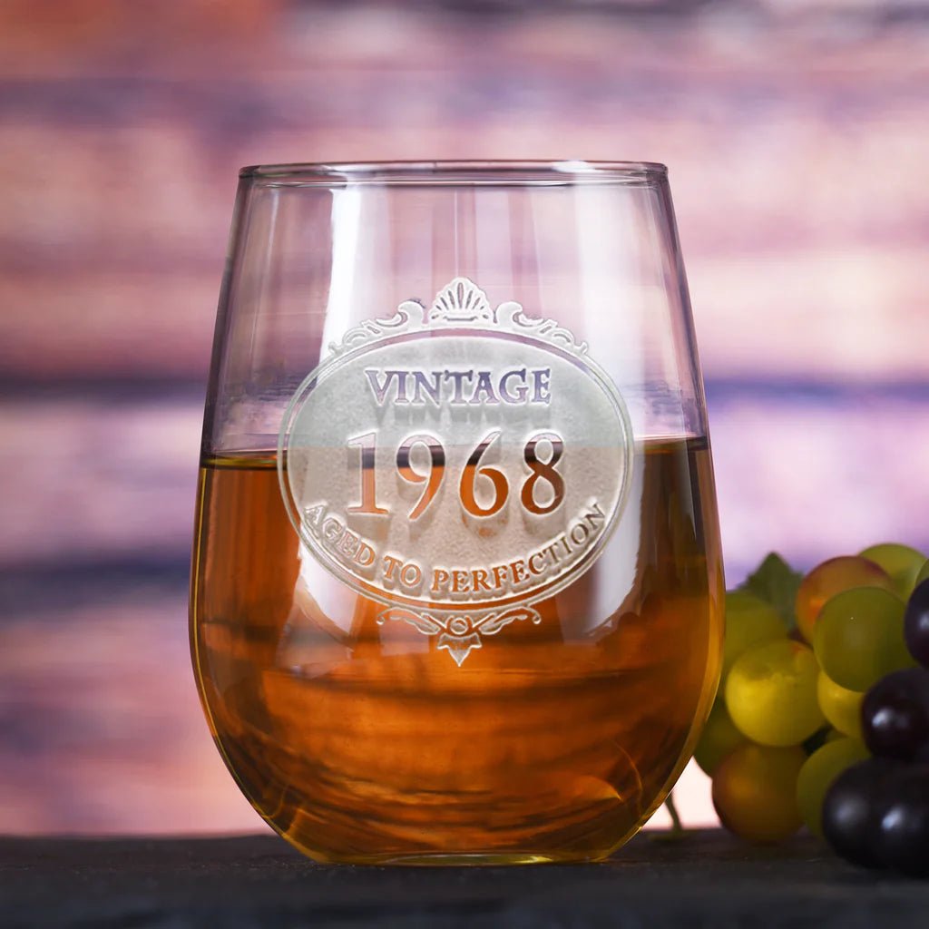 Engraved Vintage Year Stemless Wine Glass