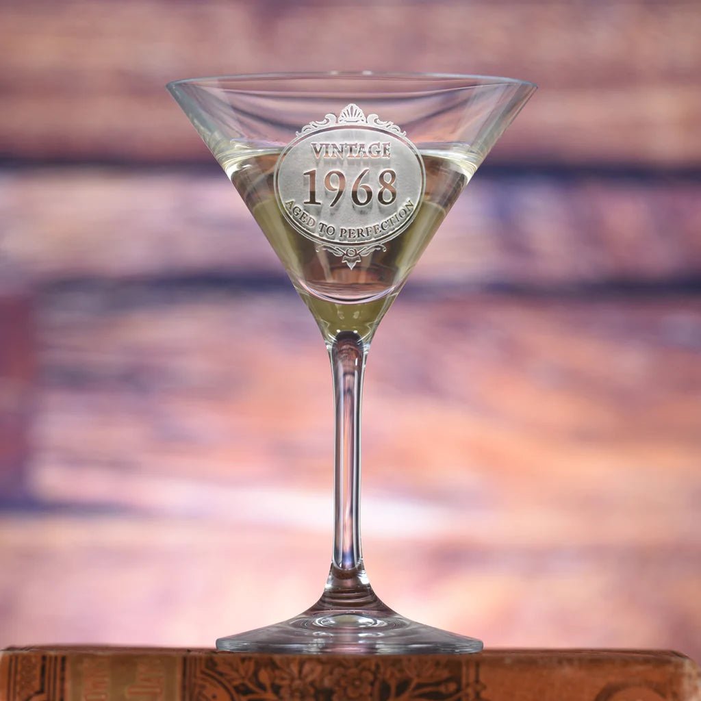 Unique Personalized Engraved Crystal Birthday Martini Glass Customized Drinkware Gifts for Men by Groovy Guy