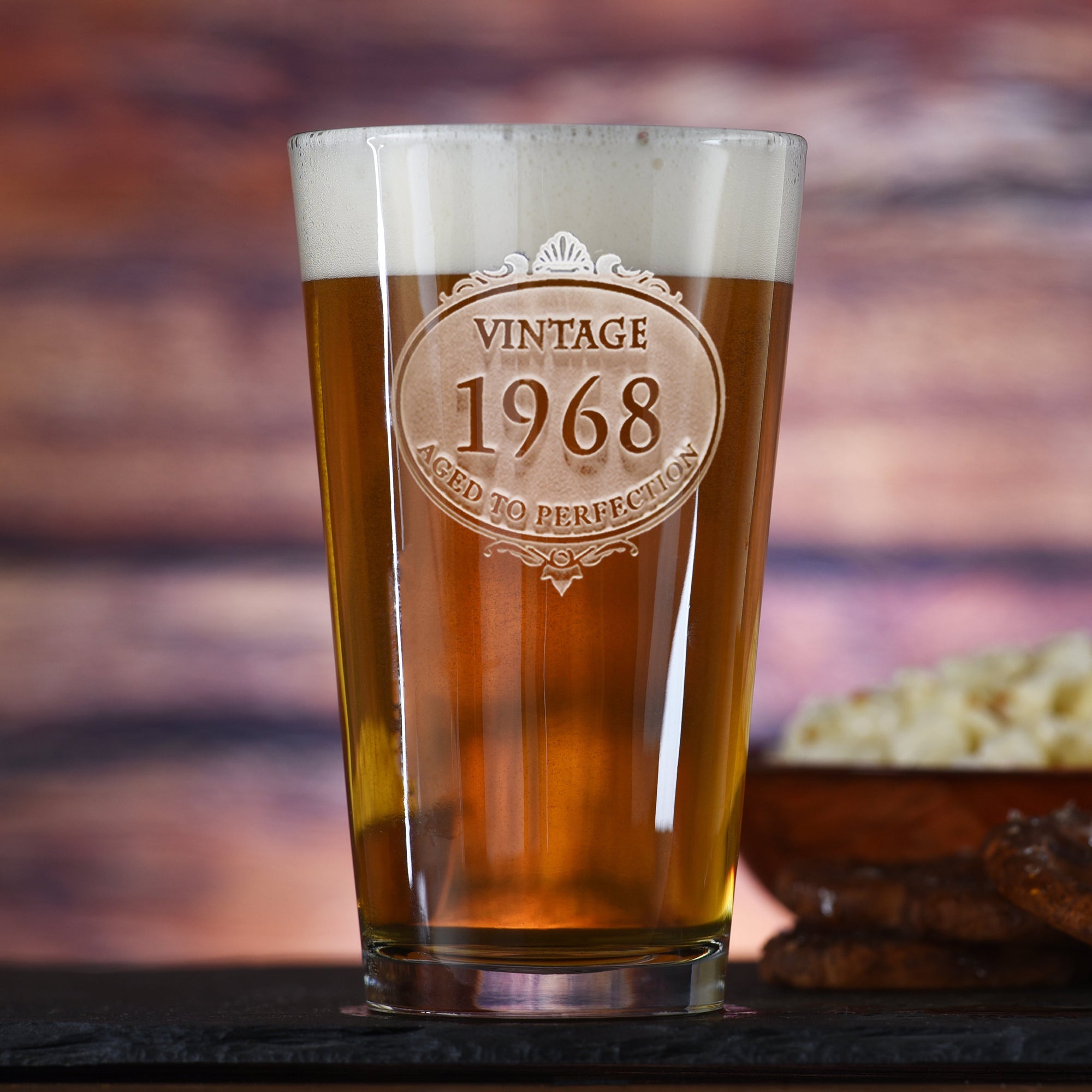 Etched Vintage Year Birthday Beer Glass